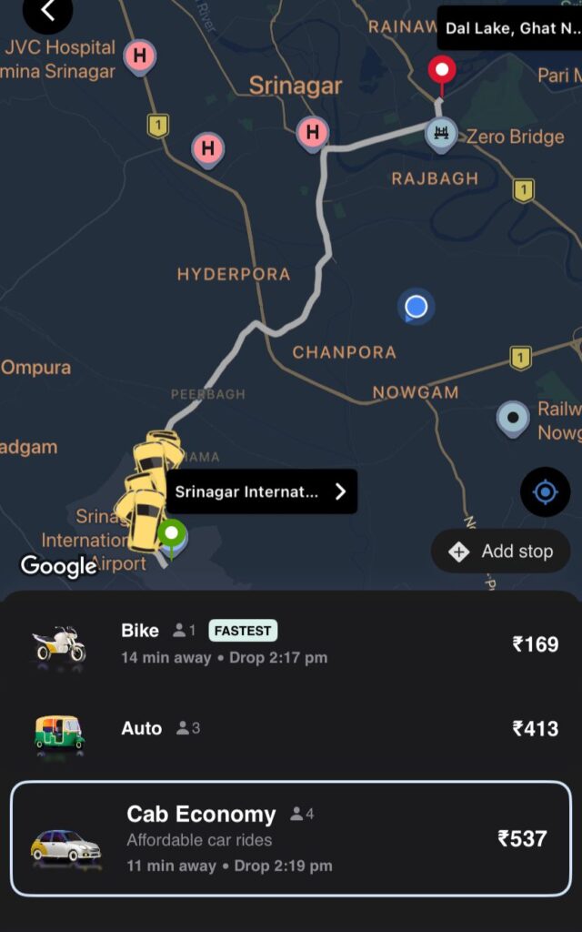 app based taxi cost in srinagar