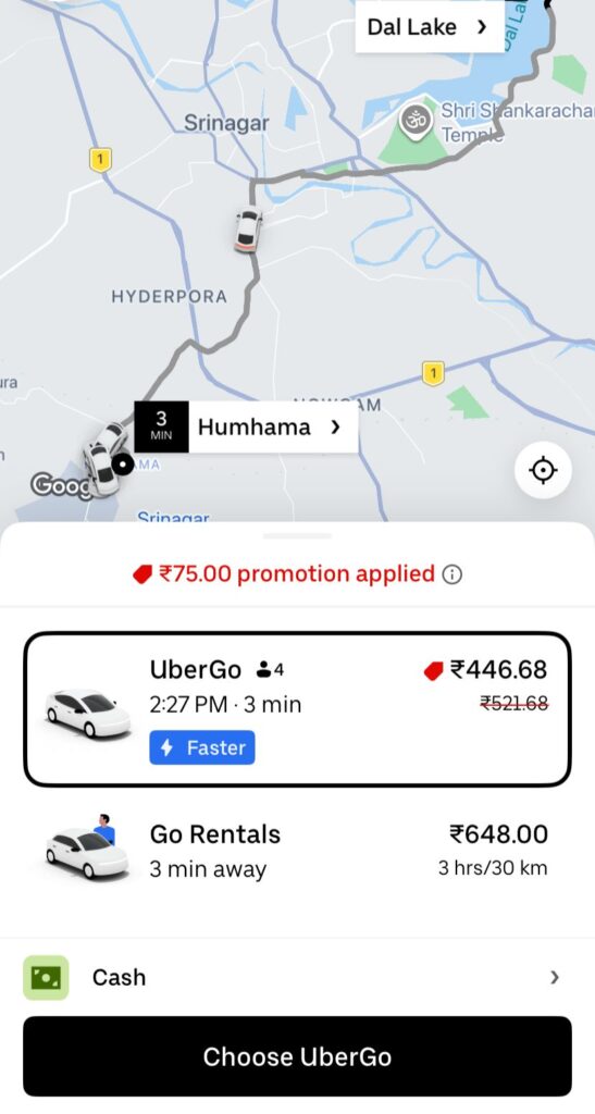 uber to dal lake in srinagar city